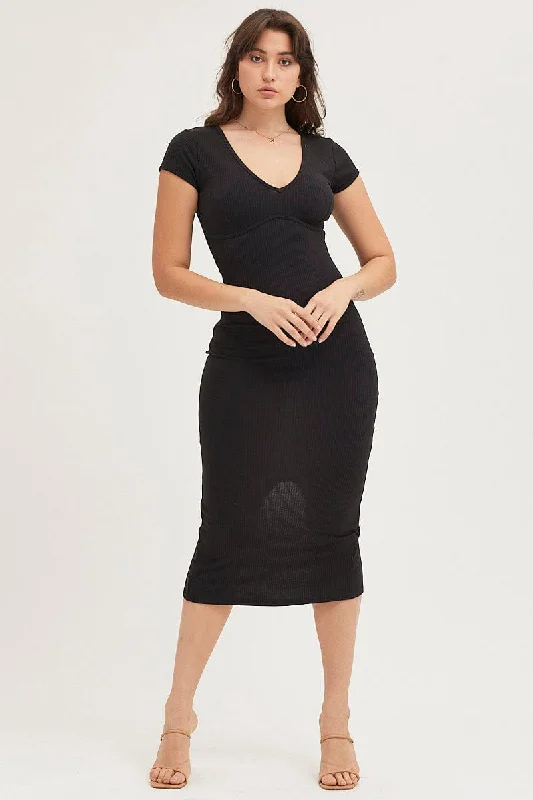 Midi dresses with metallic threads for a glamorous evening event Black Jersey Dress Short Sleeve Midi Ribbed Midi dresses with metallic threads for a glamorous evening event Black Jersey Dress Short Sleeve Midi Ribbed