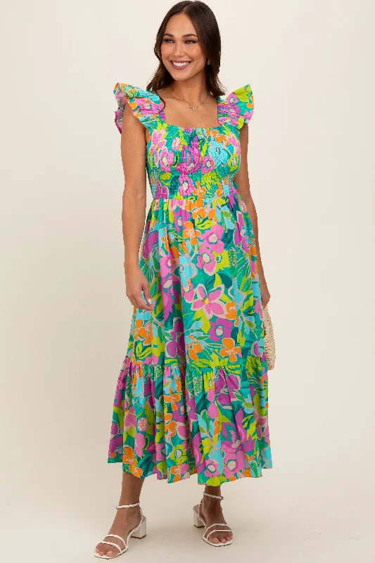 Maternity dress for a baby's first visit to the ballet Green Floral Ruffle Shoulder Smocked Maternity Midi Dress Maternity dress for a baby's first visit to the ballet Green Floral Ruffle Shoulder Smocked Maternity Midi Dress