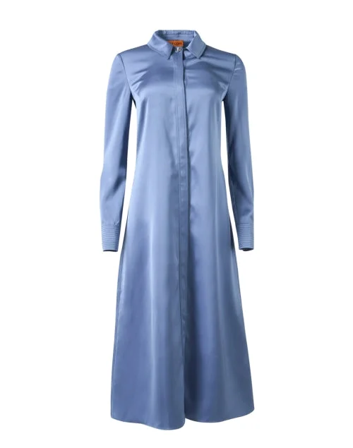 Everyday Dress with Darted Bodice for a Flattering Fit​ Blue Satin Shirt Dress