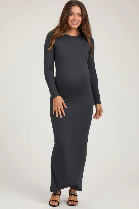 Maternity dress for a baby's first visit to the park playground Charcoal Long Sleeve Fitted Maternity Maxi Dress Maternity dress for a baby's first visit to the park playground Charcoal Long Sleeve Fitted Maternity Maxi Dress