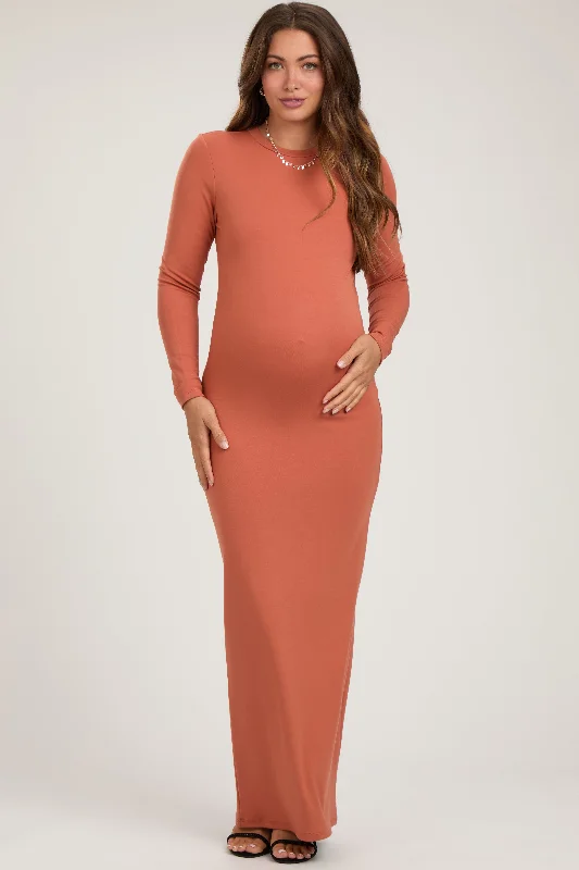 Maternity dress for hospital visits during pregnancy Rust Long Sleeve Fitted Maternity Maxi Dress Maternity dress for hospital visits during pregnancy Rust Long Sleeve Fitted Maternity Maxi Dress