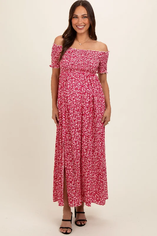 Maternity dress for a baby's first visit to the vegetable garden Red Floral Smocked Fitted Sleeve Side Slit Maternity Maxi Dress