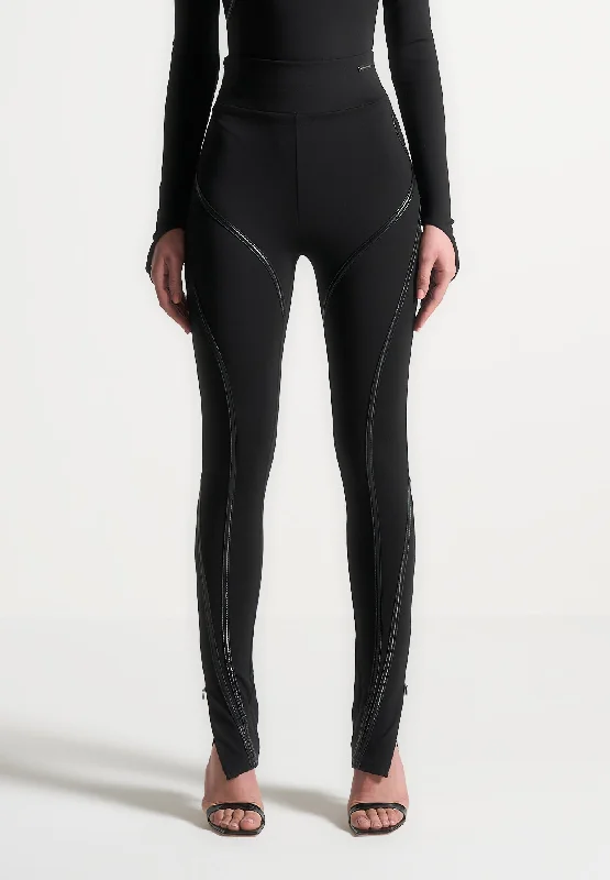 Women's Faux Leather Tight Trousers with Studded Details in Brown for an Edgy StyleContrast Contour Leggings - Black Women's Faux Leather Tight Trousers with Studded Details in Brown for an Edgy StyleContrast Contour Leggings - Black