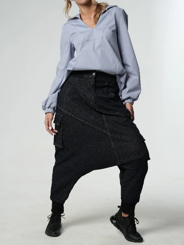 Women's Tight Trousers with Mesh Panels in Black for a Sexy and Modern AppearanceDenim Harem Pants Women's Tight Trousers with Mesh Panels in Black for a Sexy and Modern AppearanceDenim Harem Pants