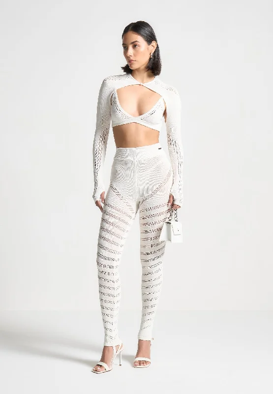 Women's Faux Leather Tight Trousers with Studded Details in Brown for an Edgy StyleHigh Waisted Knitted Spiral Contour Leggings - White Women's Faux Leather Tight Trousers with Studded Details in Brown for an Edgy StyleHigh Waisted Knitted Spiral Contour Leggings - White