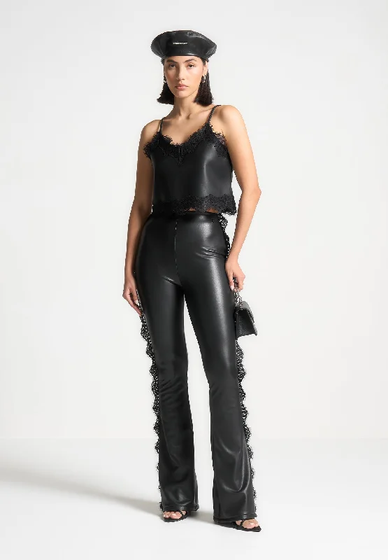 Women's Metallic Tight Trousers in Gold for a Glamorous Party EnsembleLace Trim Leather Fit and Flare Leggings - Black Women's Metallic Tight Trousers in Gold for a Glamorous Party EnsembleLace Trim Leather Fit and Flare Leggings - Black