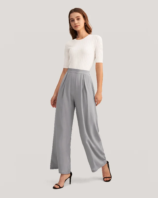 Women's Tight Trousers with Elastic Waistband in Black for Easy and Comfortable WearSmooth Silk Wide Leg Cropped Pants Classy