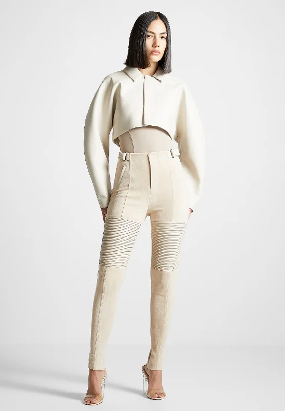 Women's High - Waisted Tight Trousers with Side Slits in Beige for a Trendy LookLeather and Suede Ribbed Leggings - Beige Women's High - Waisted Tight Trousers with Side Slits in Beige for a Trendy LookLeather and Suede Ribbed Leggings - Beige