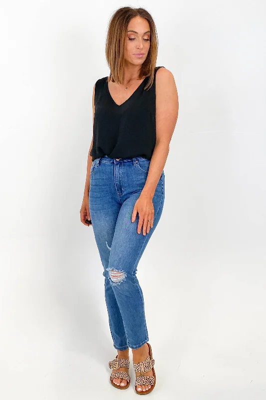 Plus Size Women's Stretch Cotton Tight Trousers in Navy for Comfortable Everyday WearWakee Mollie Ripped Jean Dark Blue Plus Size Women's Stretch Cotton Tight Trousers in Navy for Comfortable Everyday WearWakee Mollie Ripped Jean Dark Blue