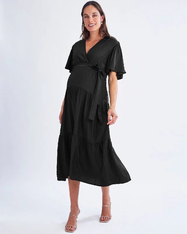 Cara Black Maternity Maxi Tiered Dress