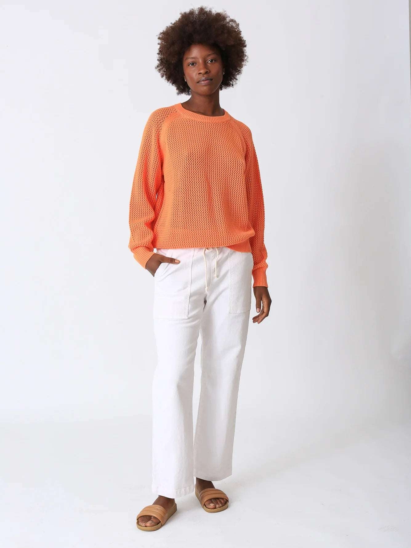 affordable women bikini briefs for budget - conscious shoppersElectric & Rose Women's Chloe Open Knit Long Sleeve Sweater - Tangerine Orange