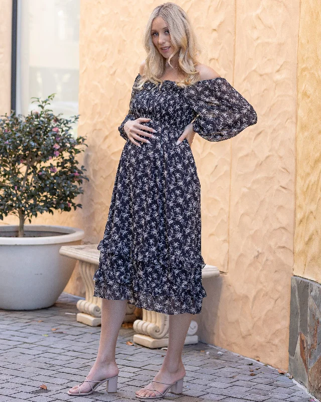 highly rated women nursing braDaisy Romantic  Print Maternity Black Dress