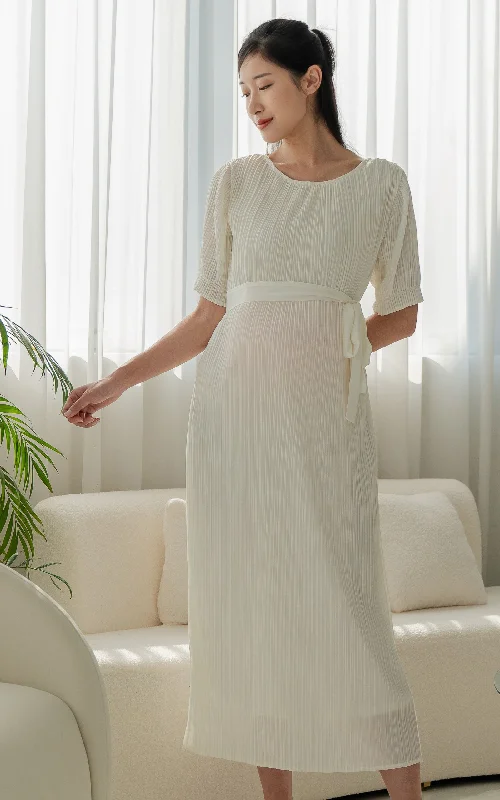 travel friendly women nursing braGenevieve Pleated Nursing Dress in Cream
