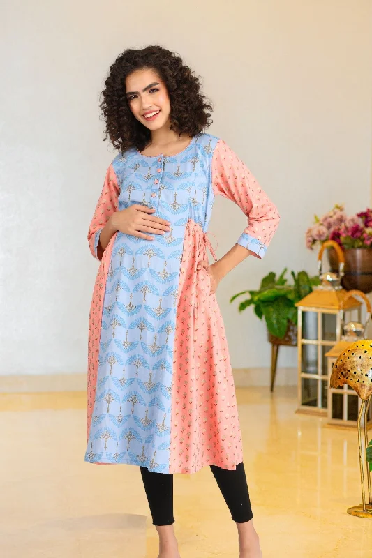 Ice Blue Gold Peach Maternity & Nursing Side Tie Kurta Dress (100% Cotton)