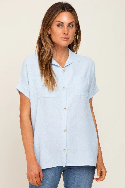 nursing bra for twins momsLight Blue Collared Button-Down Short Sleeve Blouse