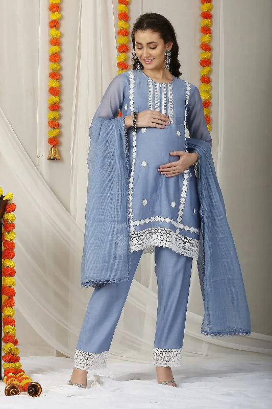 Luxe Grayish-Blue Chanderi Maternity & Nursing Kurta + Bump Band Bottom + Dupatta (3 Pc)