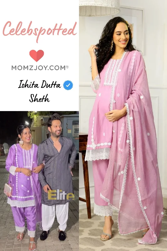 Luxe Pretty Lilac Mulmul Maternity & Nursing Kurta + Bump Band Bottom + Dupatta (3 Pc)