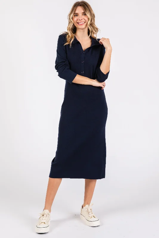 underwire alternative women nursing braNavy Collared Long Sleeve Sweater Midi Dress