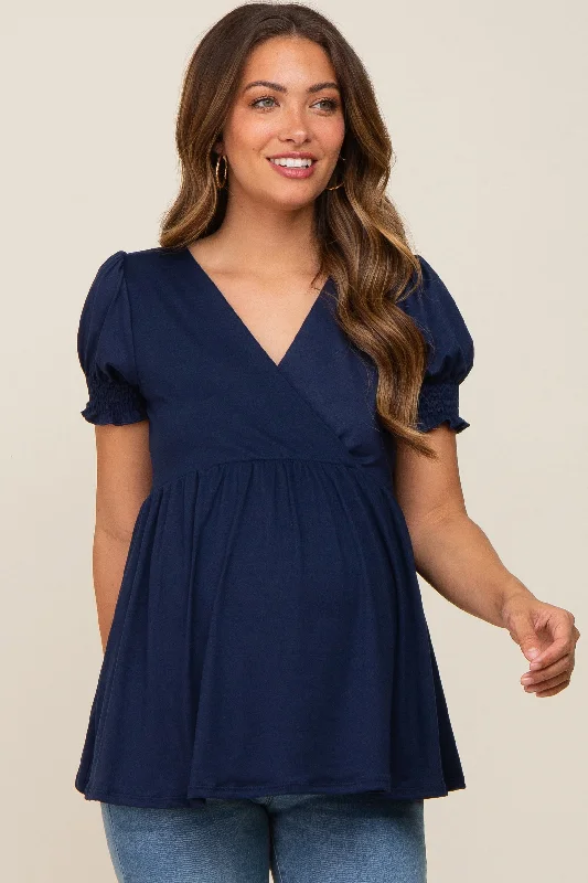 luxury brand women nursing braNavy Puff Sleeve Crossover Maternity/Nursing Top