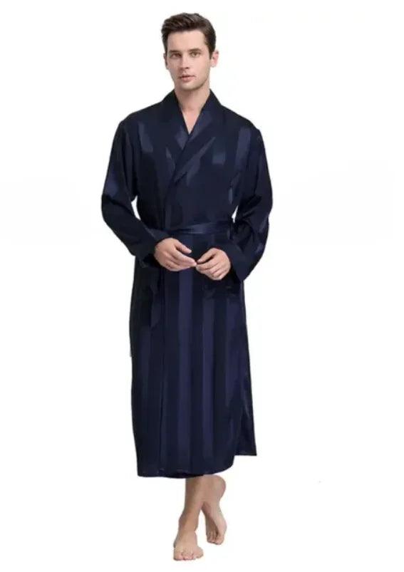 backless women lingerie for a sexy silhouetteNavyblue Striped Men Satin Bath Kimono