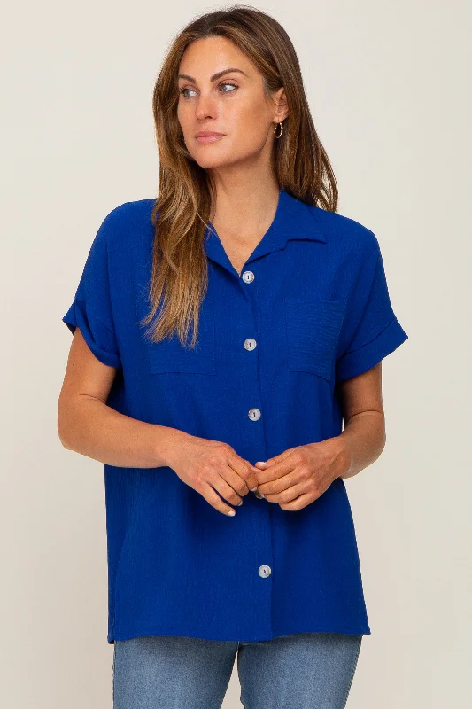 quick dry women nursing braRoyal Blue Collared Button-Down Short Sleeve Blouse