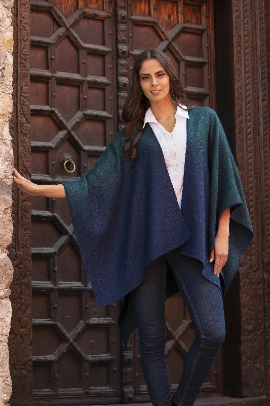hooded women cardigan for added warmth and styleAndean Vistas Reversible Alpaca Blend Ruana in Navy and Kelly Green