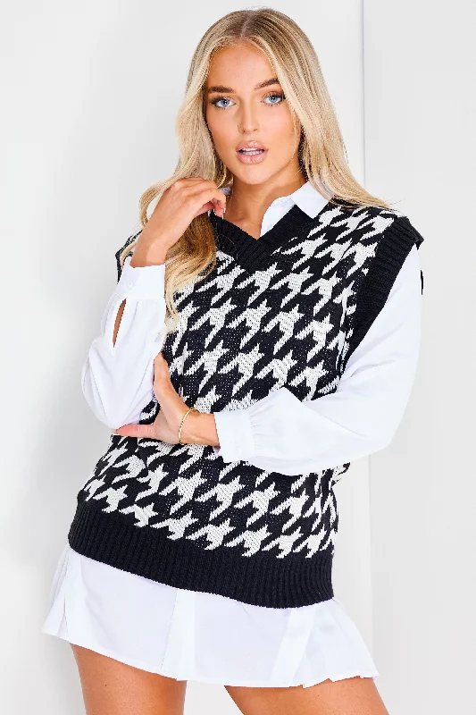 boyfriend style women cardigan for a relaxed fitBriony Black and White Houndstooth V Neck Knit Vest Top boyfriend style women cardigan for a relaxed fitBriony Black and White Houndstooth V Neck Knit Vest Top