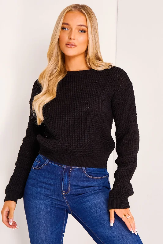 button down women cardigan with vintage buttonsGenevieve Black Knitted Cropped Jumper
