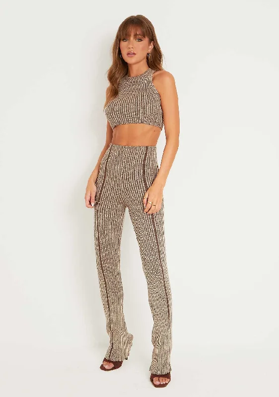hand knitted women cardigan with artisanal charmDemi Brown Contrast Knit Trousers
