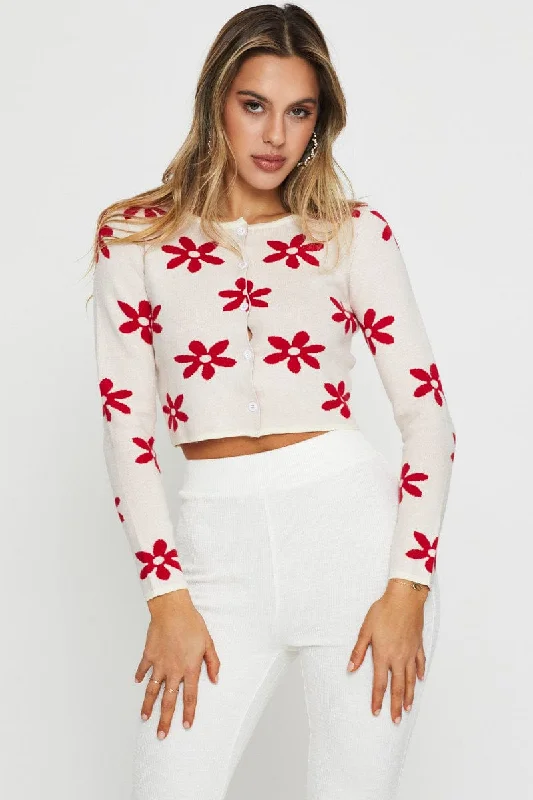 v neck women cardigan to elongate the necklineWhite Knit Cardigan Long Sleeve Crop