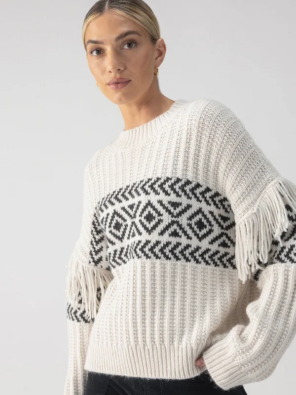 Plus Size Women's Embroidered Floral Patterned Sweater in White for a Spring - Inspired LookArtisan Fringe Sweater Chalk And Black Plus Size Women's Embroidered Floral Patterned Sweater in White for a Spring - Inspired LookArtisan Fringe Sweater Chalk And Black