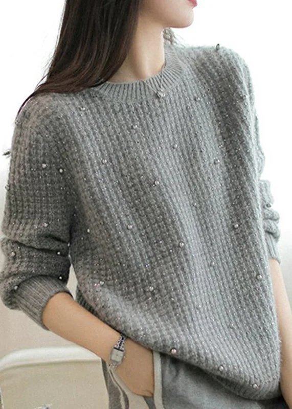 Oversized Chunky Knit Women's Cashmere Sweater in Ivory for a Cozy Winter LookBeautiful Grey O Neck Nail Bead Woolen Knit Sweaters Winter Oversized Chunky Knit Women's Cashmere Sweater in Ivory for a Cozy Winter LookBeautiful Grey O Neck Nail Bead Woolen Knit Sweaters Winter