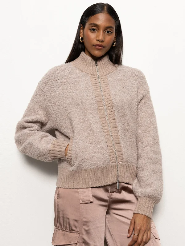 Plus Size Women's Fringe - Trimmed Sweater in Beige for a Boho - Inspired StyleBoucle Knit Bomber Sweater Feather Plus Size Women's Fringe - Trimmed Sweater in Beige for a Boho - Inspired StyleBoucle Knit Bomber Sweater Feather