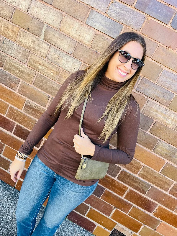 Plus Size Women's Fringe - Trimmed Sweater in Beige for a Boho - Inspired StyleBrown Mock Neck Top Plus Size Women's Fringe - Trimmed Sweater in Beige for a Boho - Inspired StyleBrown Mock Neck Top