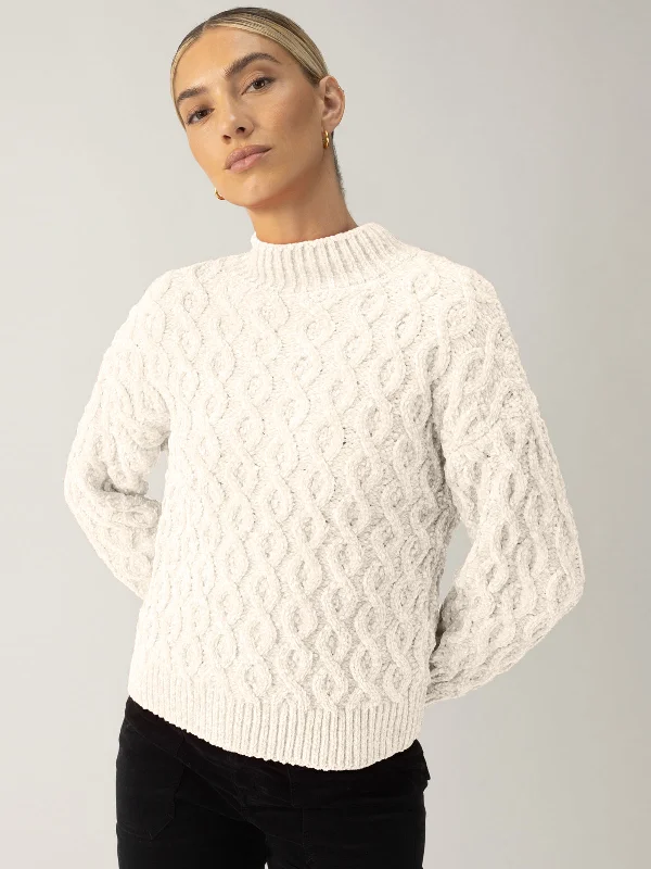 Plus Size Women's Fringe - Trimmed Sweater in Beige for a Boho - Inspired StyleCable Mock Neck Sweater Light Almond Plus Size Women's Fringe - Trimmed Sweater in Beige for a Boho - Inspired StyleCable Mock Neck Sweater Light Almond