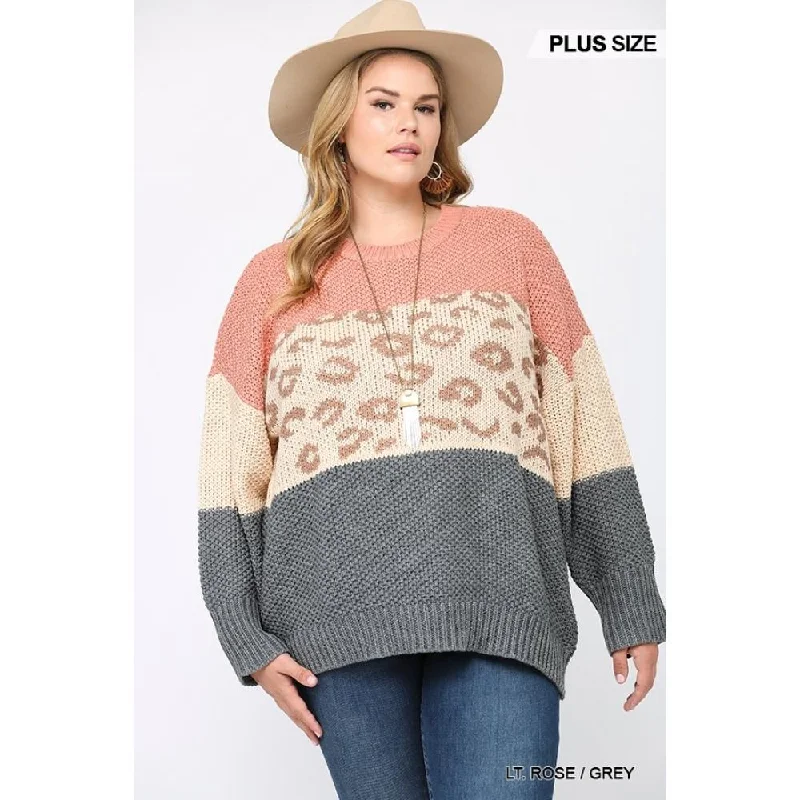 Plus Size Women's Off - Shoulder Ruffled Hem Sweater in Pink for a Feminine and Flirty LookColor Block And Leopard Pattern Mixed Pullover Sweater Plus Size Women's Off - Shoulder Ruffled Hem Sweater in Pink for a Feminine and Flirty LookColor Block And Leopard Pattern Mixed Pullover Sweater
