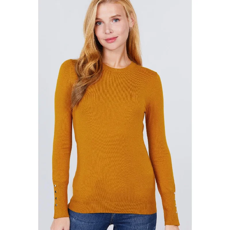 Plus Size Women's Button - Down Sweater in Mustard Yellow for a Pop of ColorCrew Neck Sweater W/rivet Button Plus Size Women's Button - Down Sweater in Mustard Yellow for a Pop of ColorCrew Neck Sweater W/rivet Button