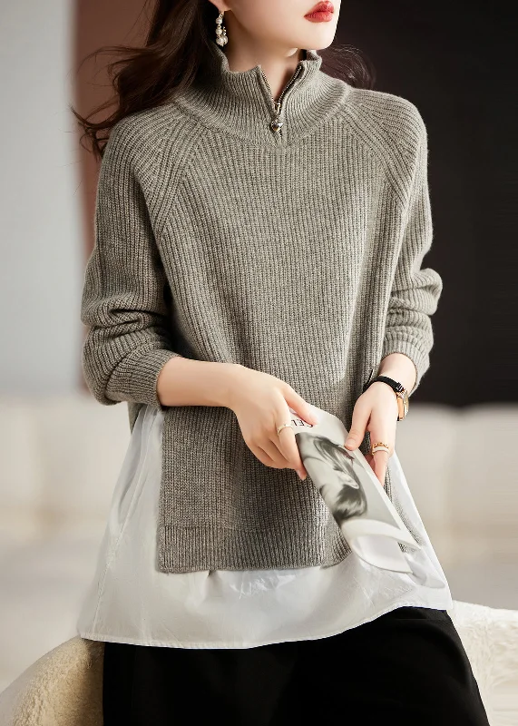 Plus Size Women's Mock - Neck Sweater in Teal with a Side Slit for a Modern TwistFrench Light Grey Side Open Patchwork Wool Sweaters Winter Plus Size Women's Mock - Neck Sweater in Teal with a Side Slit for a Modern TwistFrench Light Grey Side Open Patchwork Wool Sweaters Winter