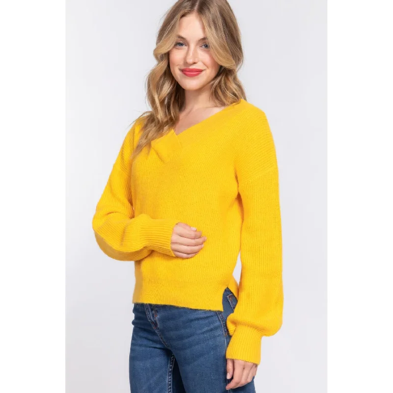Plus Size Women's Off - Shoulder Ruffled Hem Sweater in Pink for a Feminine and Flirty LookLong Slv Double V-neck Sweater Plus Size Women's Off - Shoulder Ruffled Hem Sweater in Pink for a Feminine and Flirty LookLong Slv Double V-neck Sweater