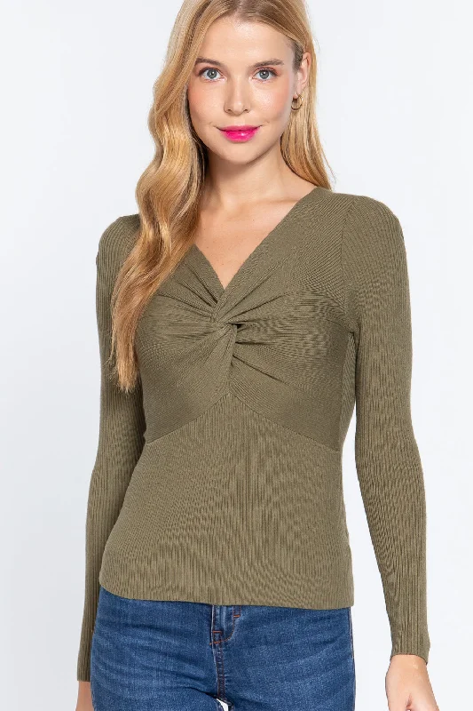 Plus Size Women's V - Neck Long - Sleeve Ribbed Cotton Sweater in Navy for a Classic StyleLong Slv V-neck Knotted Sweater Plus Size Women's V - Neck Long - Sleeve Ribbed Cotton Sweater in Navy for a Classic StyleLong Slv V-neck Knotted Sweater