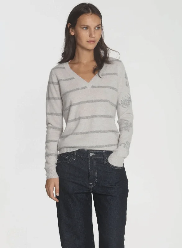 Plus Size Women's Off - Shoulder Ruffled Hem Sweater in Pink for a Feminine and Flirty LookMeadow Stripe Vee -Stone/grey Plus Size Women's Off - Shoulder Ruffled Hem Sweater in Pink for a Feminine and Flirty LookMeadow Stripe Vee -Stone/grey