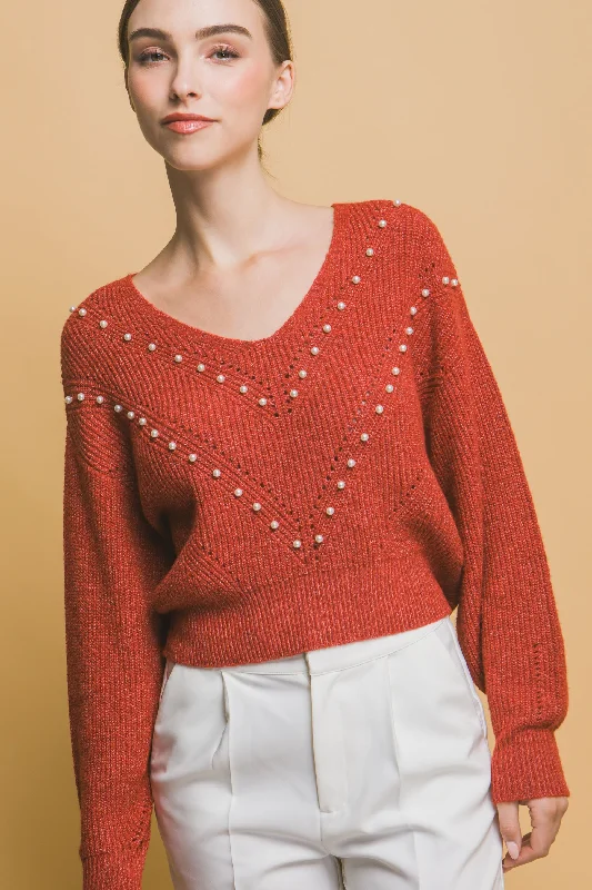 Plus Size Women's Fringe - Trimmed Sweater in Beige for a Boho - Inspired StylePearl details sweater Plus Size Women's Fringe - Trimmed Sweater in Beige for a Boho - Inspired StylePearl details sweater