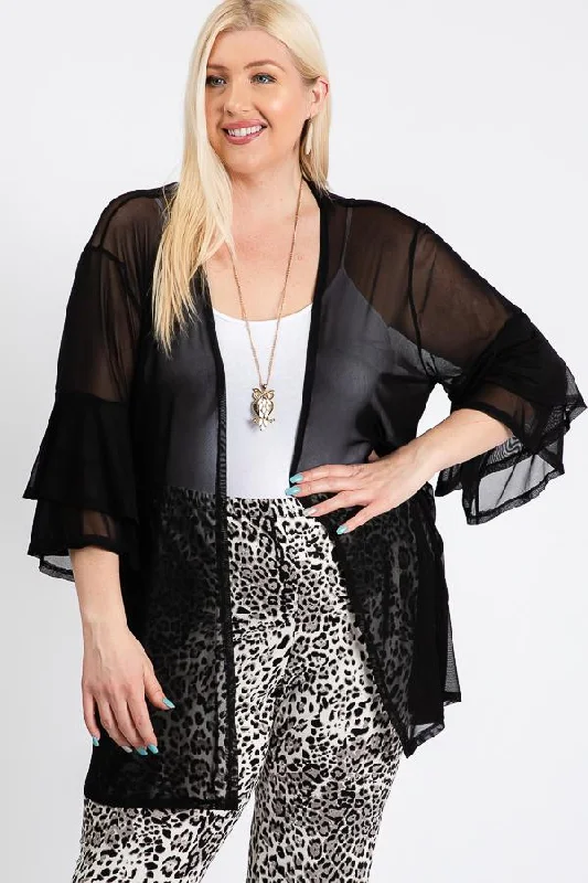 color block women cardigan with bold huesRuffle Sleeve Open Cardigan