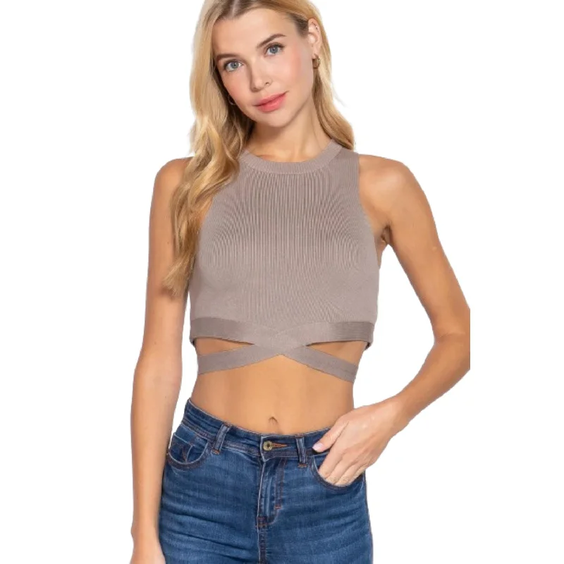 Women's Sequined Trimmed Sweater in Gold for a Glamorous Party LookSleeveless Crew Neck Waist Tie Crop Sweater Top Women's Sequined Trimmed Sweater in Gold for a Glamorous Party LookSleeveless Crew Neck Waist Tie Crop Sweater Top