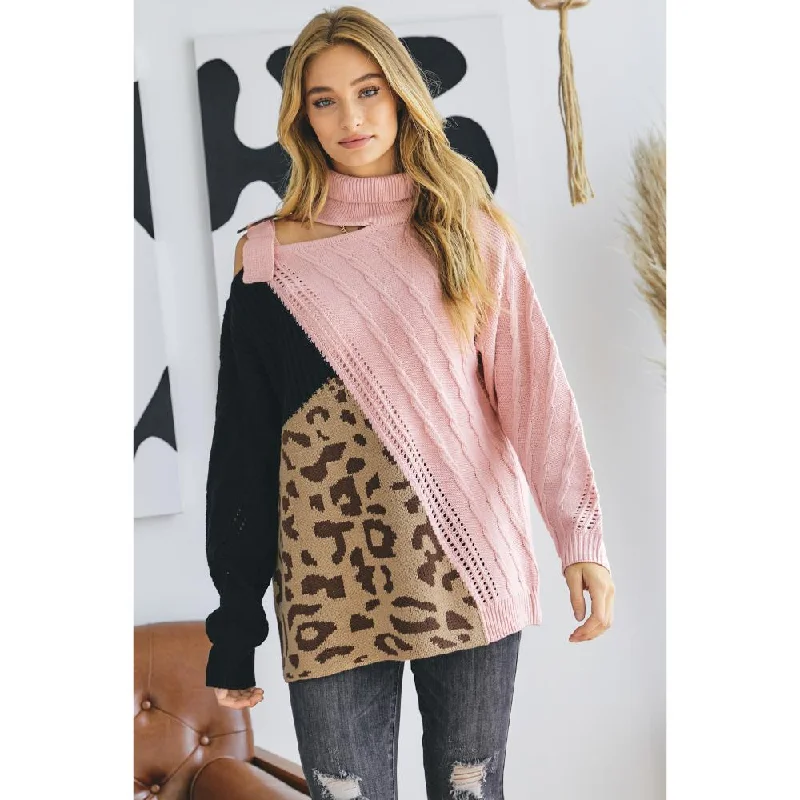 Plus Size Women's Embroidered Floral Patterned Sweater in White for a Spring - Inspired LookTurtle Neck Color Block Cutout Sweater Plus Size Women's Embroidered Floral Patterned Sweater in White for a Spring - Inspired LookTurtle Neck Color Block Cutout Sweater