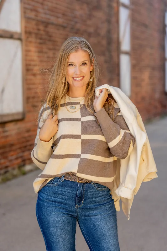 Plus Size Women's Fringe - Trimmed Sweater in Beige for a Boho - Inspired StyleTwo Tone Striped Sweater Plus Size Women's Fringe - Trimmed Sweater in Beige for a Boho - Inspired StyleTwo Tone Striped Sweater