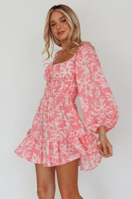 Shift Women Dress with a Simple and Classic Design for Everyday WearAmilie Shirred Long Sleeve Dress Floral Pink Shift Women Dress with a Simple and Classic Design for Everyday WearAmilie Shirred Long Sleeve Dress Floral Pink
