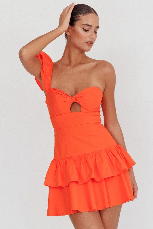 Wrap - Style Women Dress with Adjustable Fit for All Body TypesTea Time One Shoulder Ruffle Mini Dress Tangerine Wrap - Style Women Dress with Adjustable Fit for All Body TypesTea Time One Shoulder Ruffle Mini Dress Tangerine