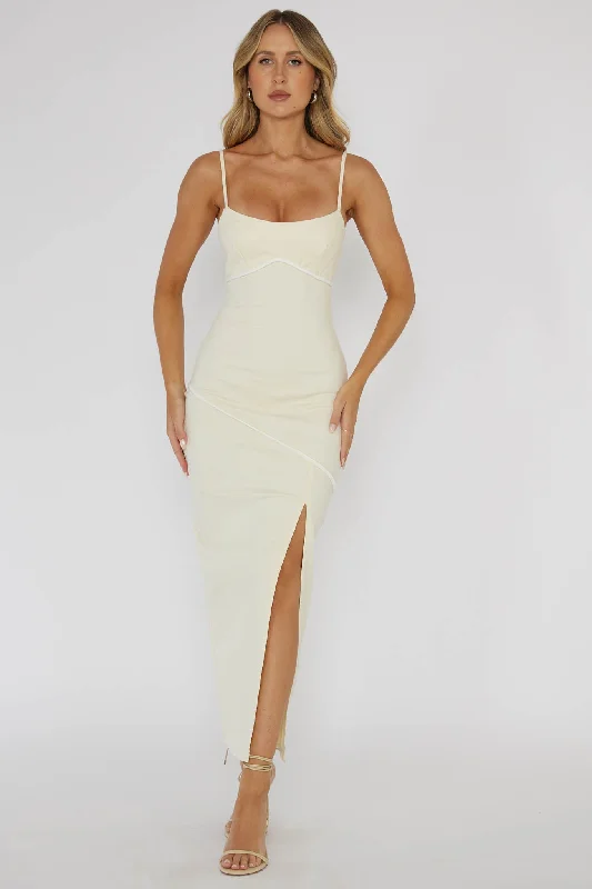 Ball Gown Women Dress with a Full Skirt for a Princess - like LookBlair Piping Trim Midi Dress Butter Ball Gown Women Dress with a Full Skirt for a Princess - like LookBlair Piping Trim Midi Dress Butter