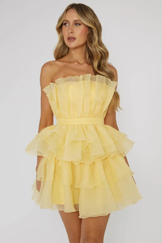 Lace - Embellished Women Dress for an Elegant and Sophisticated AppearanceBon Bon Tiered Chiffon Mini Dress Yellow Lace - Embellished Women Dress for an Elegant and Sophisticated AppearanceBon Bon Tiered Chiffon Mini Dress Yellow